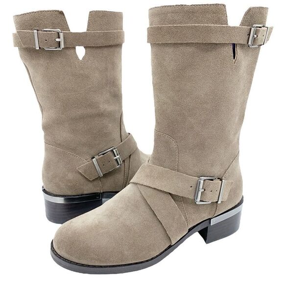 Vince Camuto Walleya Taupe Suede Motorcycle Boots Sz 7.5 - Picture 2 of 15